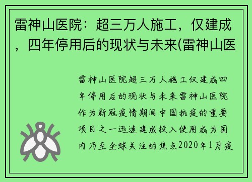 雷神山医院：超三万人施工，仅建成，四年停用后的现状与未来(雷神山医院原来是什么地方)