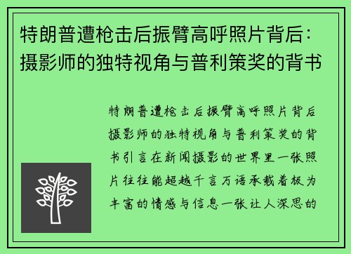 特朗普遭枪击后振臂高呼照片背后：摄影师的独特视角与普利策奖的背书