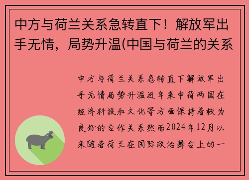 中方与荷兰关系急转直下！解放军出手无情，局势升温(中国与荷兰的关系如何)