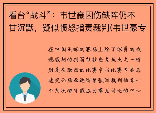 看台“战斗”：韦世豪因伤缺阵仍不甘沉默，疑似愤怒指责裁判(韦世豪专访)