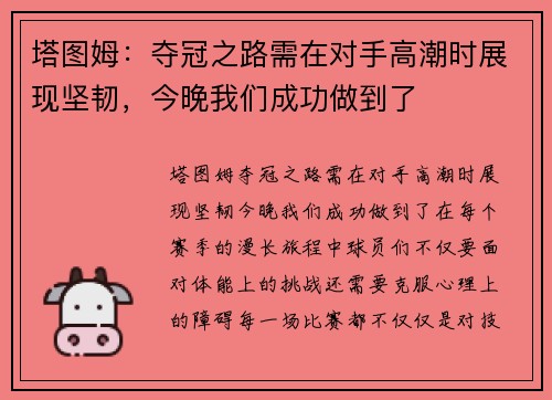 塔图姆：夺冠之路需在对手高潮时展现坚韧，今晚我们成功做到了