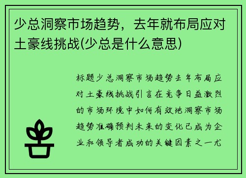 少总洞察市场趋势，去年就布局应对土豪线挑战(少总是什么意思)