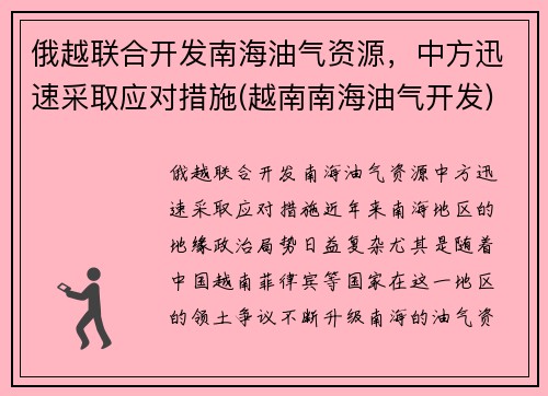 俄越联合开发南海油气资源，中方迅速采取应对措施(越南南海油气开发)