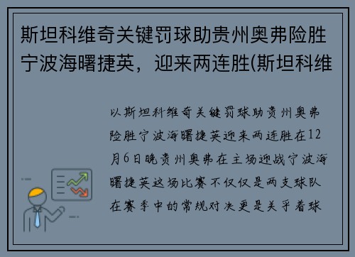 斯坦科维奇关键罚球助贵州奥弗险胜宁波海曙捷英，迎来两连胜(斯坦科维奇 足球)