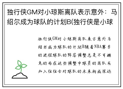 独行侠GM对小琼斯离队表示意外：马绍尔成为球队的计划B(独行侠是小球市吗)