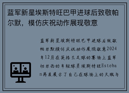 蓝军新星埃斯特旺巴甲进球后致敬帕尔默，模仿庆祝动作展现敬意